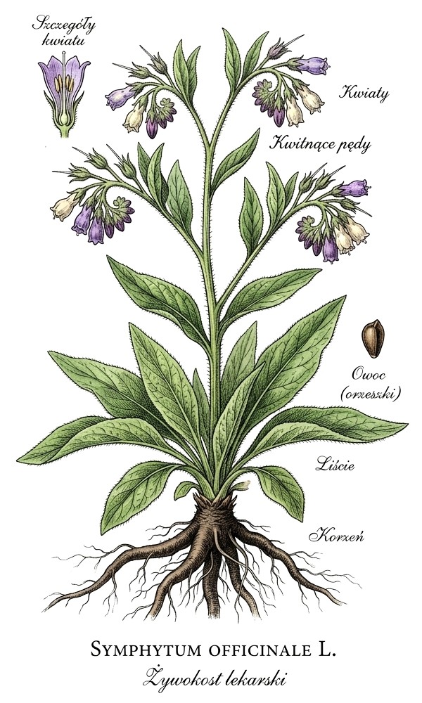 Żywokost lekarski – budowa rośliny